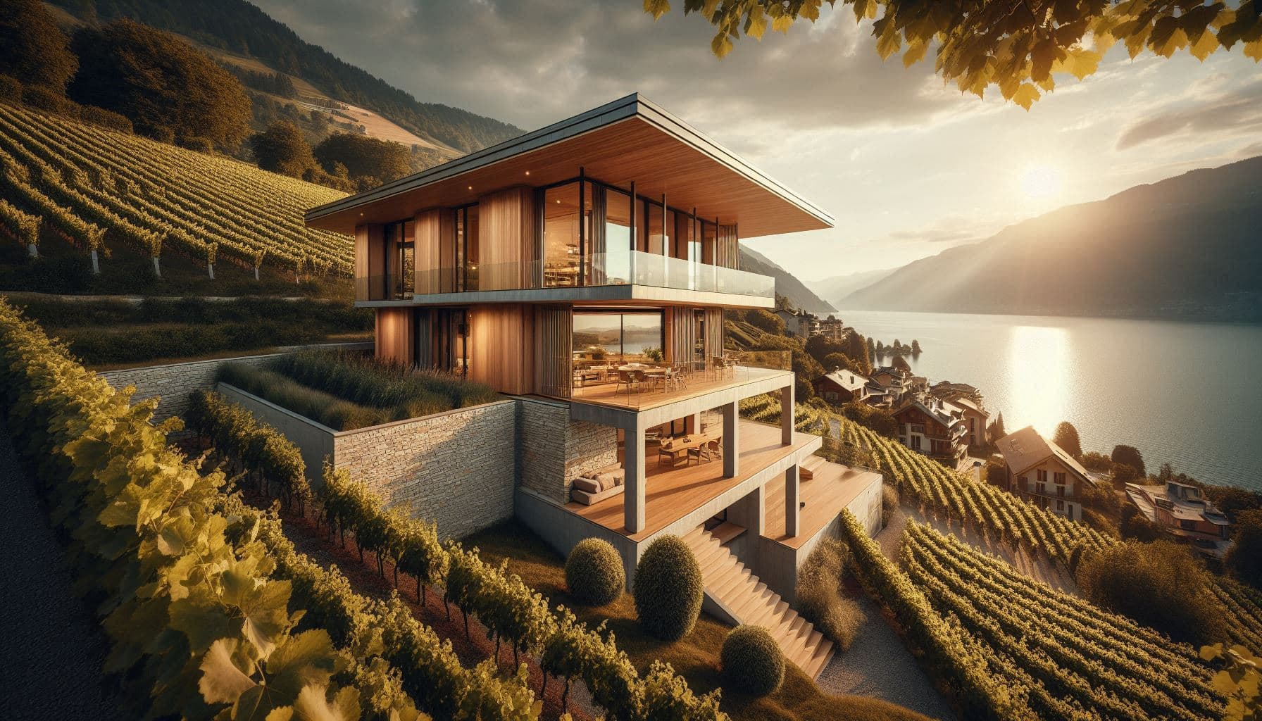 Villa Lavaux — Façade ouest, terrasse en pierre du Jura